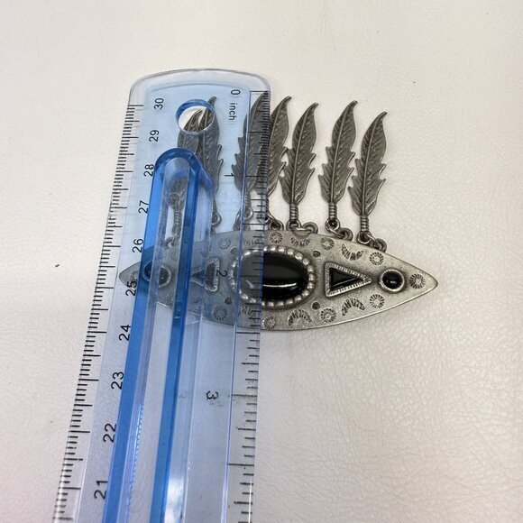 JJ Jonette Southwestern Design Feathers Black Stone Dangle Brooch Vintage 1988 - Picture 8 of 8